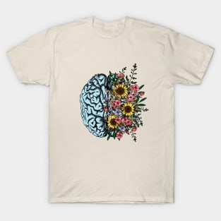 Blue Brain and flowers sunflowers, Positivity, creativity, right hemisphere brain, health, Mental T-Shirt